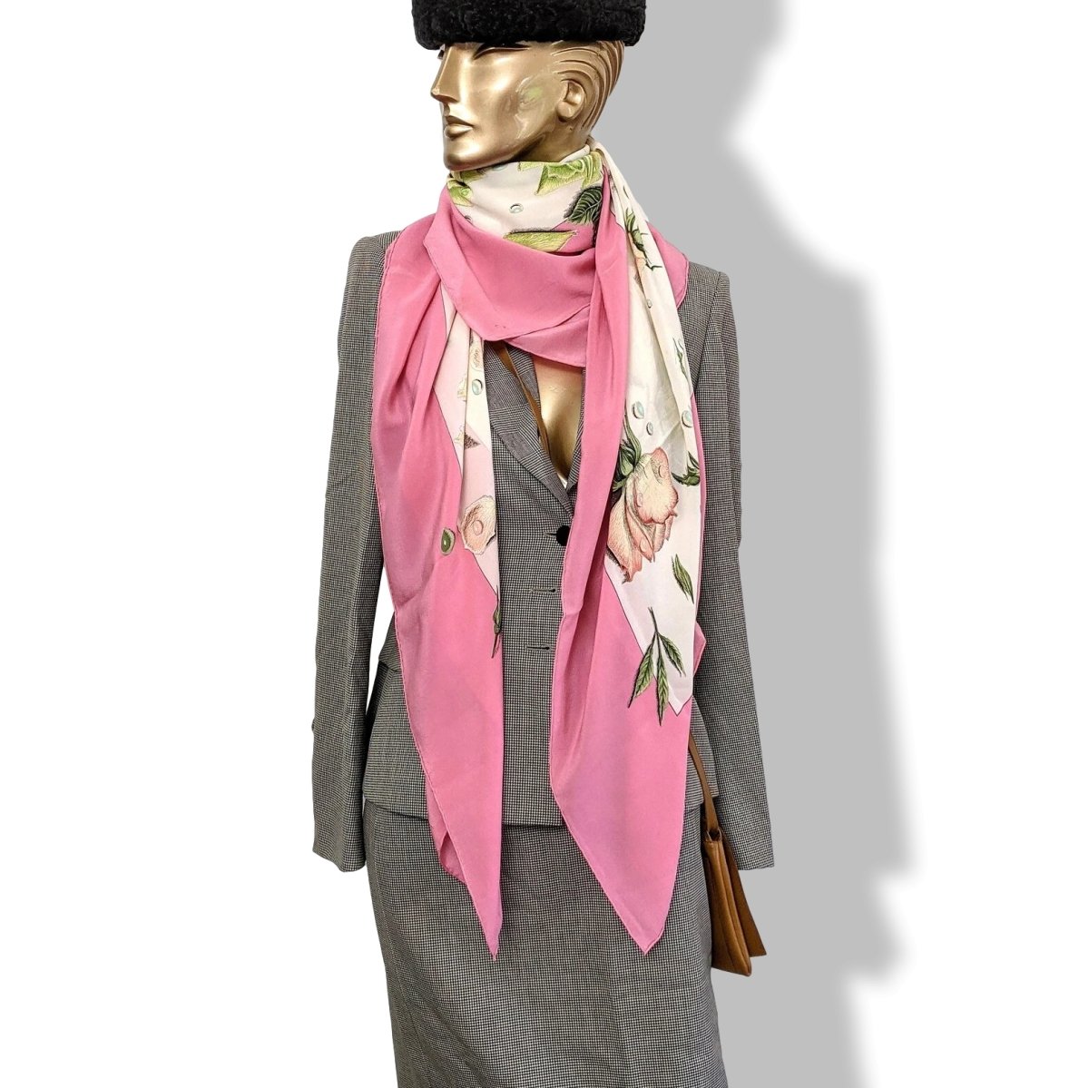 Hermes 1960s Vintage Rose Bonbon/Blanc Silk Georgette LA ROSEE CREPE GM Shawl 140 CM, Rare!