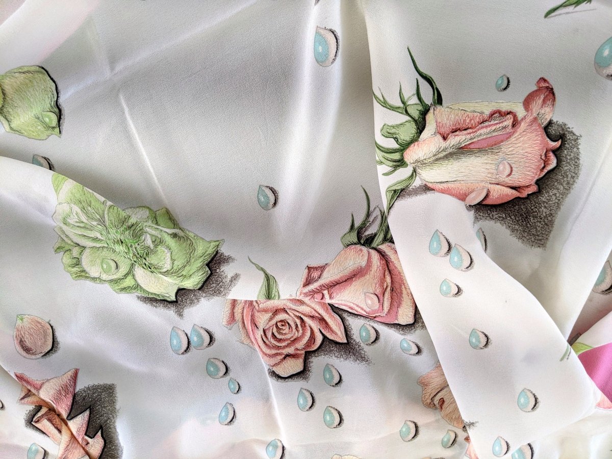 Hermes 1960s Vintage Rose Bonbon/Blanc Silk Georgette LA ROSEE CREPE GM Shawl 140 CM, Rare!