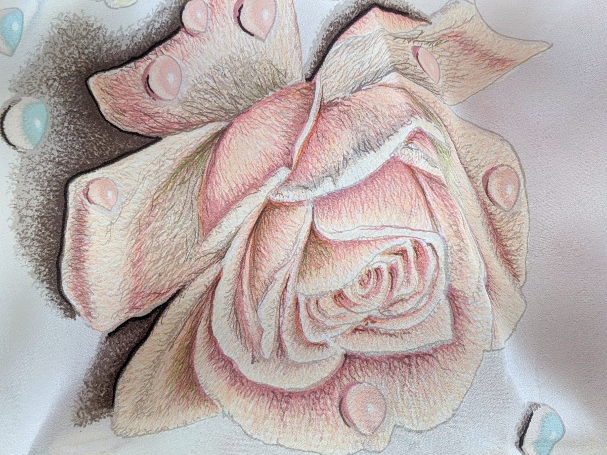 Hermes 1960s Vintage Rose Bonbon/Blanc Silk Georgette LA ROSEE CREPE GM Shawl 140 CM, Rare!