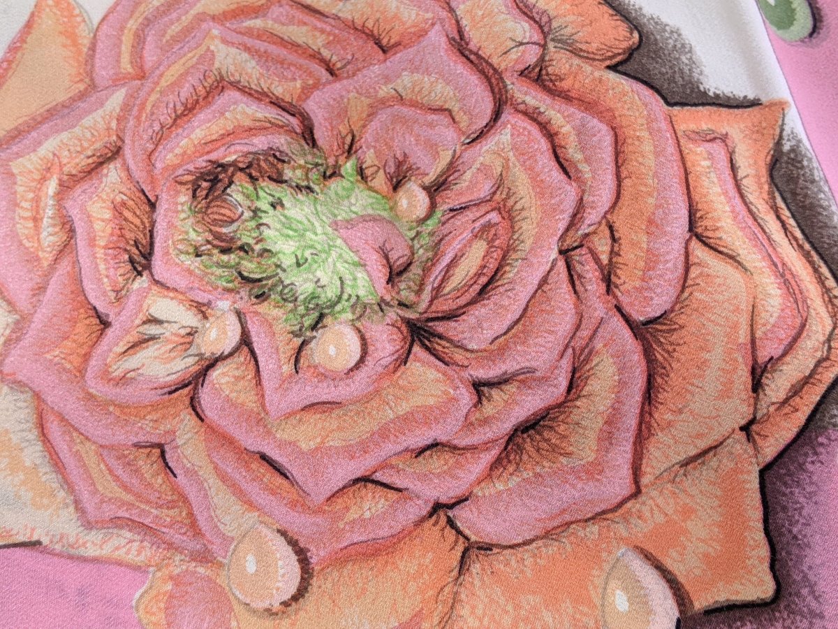 Hermes 1960s Vintage Rose Bonbon/Blanc Silk Georgette LA ROSEE CREPE GM Shawl 140 CM, Rare!