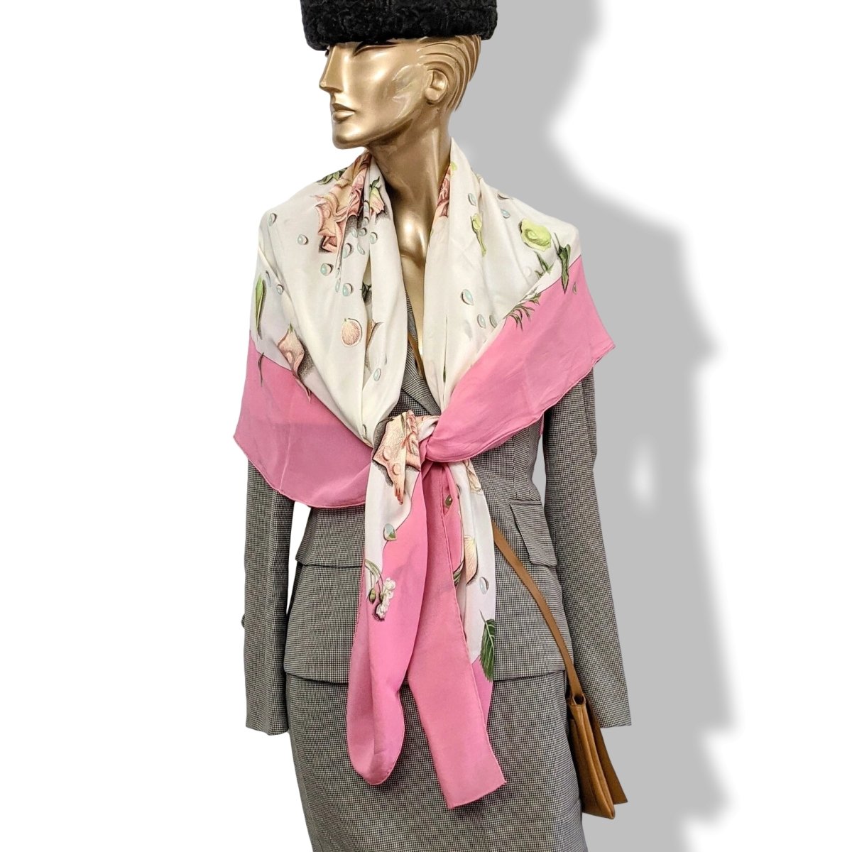 Hermes 1960s Vintage Rose Bonbon/Blanc Silk Georgette LA ROSEE CREPE GM Shawl 140 CM, Rare!