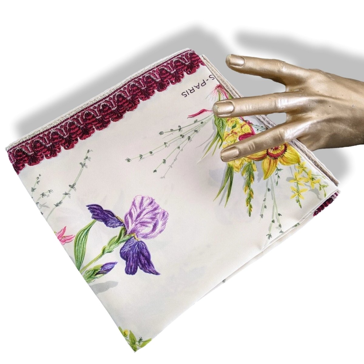 Hermes 1961 Bordeaux/ White/Multi FLEURS ET GALONS by MME LA TORRE Twill 90, Rare!