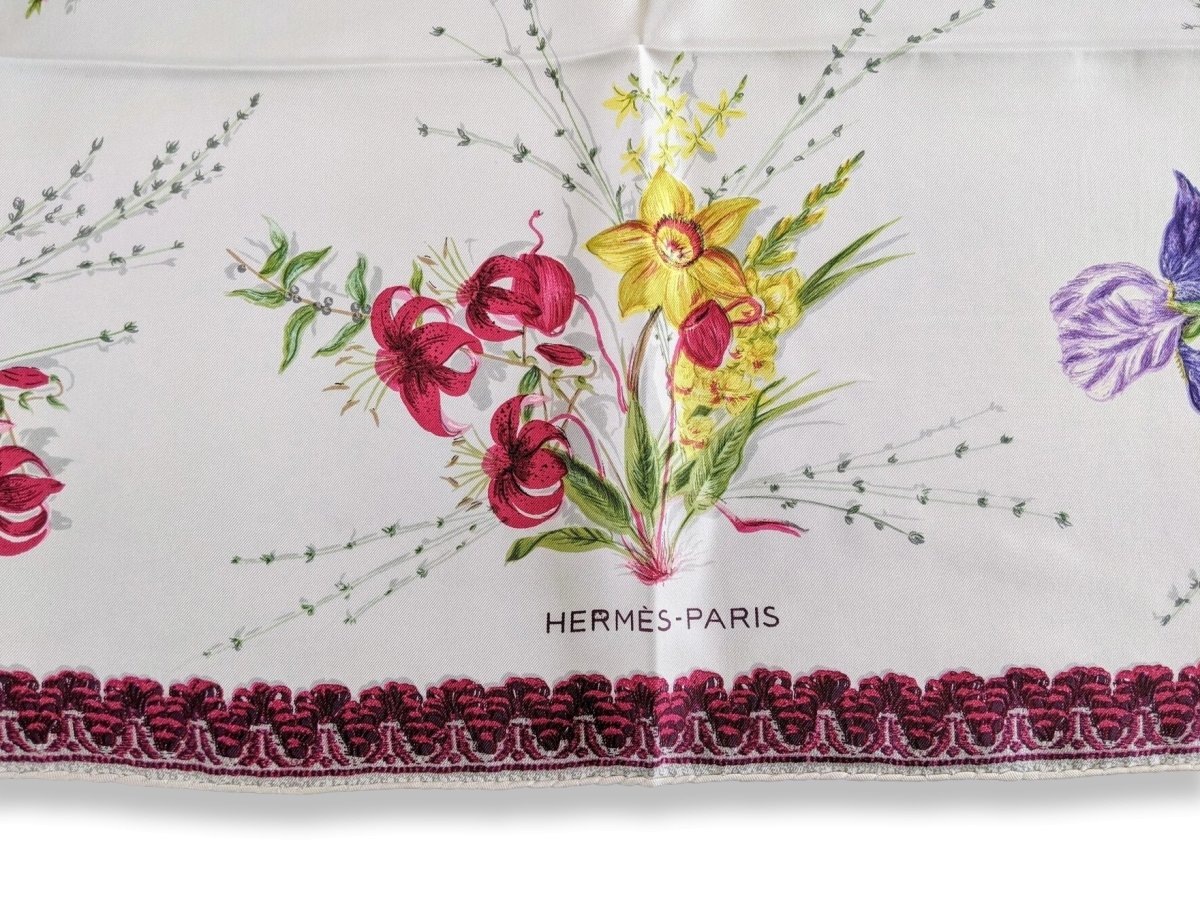Hermes 1961 Bordeaux/ White/Multi FLEURS ET GALONS by MME LA TORRE Twill 90, Rare!