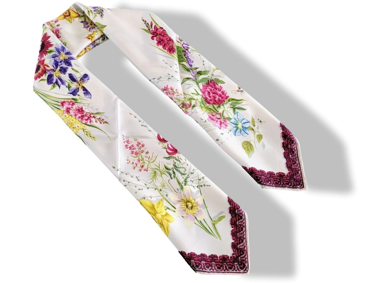Hermes 1961 Bordeaux/ White/Multi FLEURS ET GALONS by MME LA TORRE Twill 90, Rare!