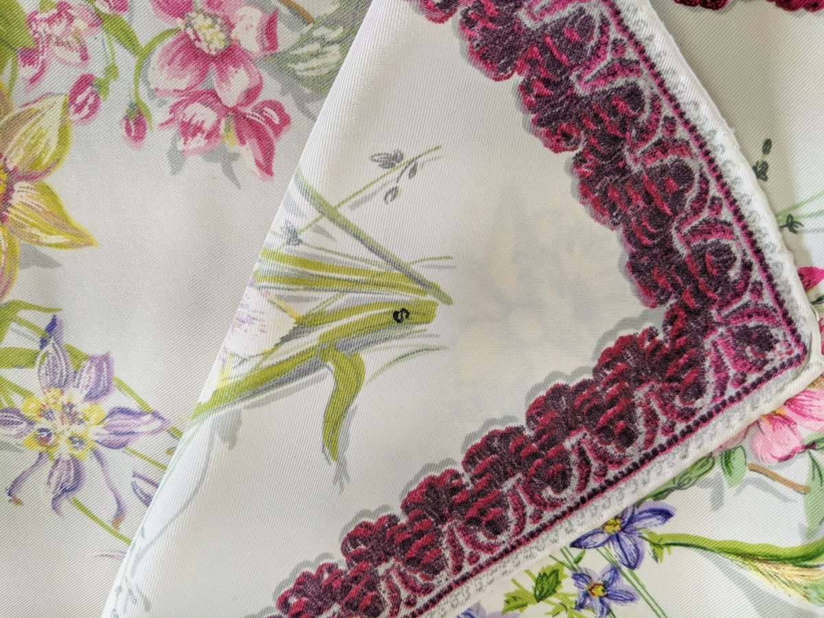 Hermes 1961 Bordeaux/ White/Multi FLEURS ET GALONS by MME LA TORRE Twill 90, Rare!