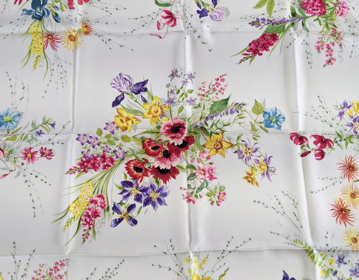Hermes 1961 Bordeaux/ White/Multi FLEURS ET GALONS by MME LA TORRE Twill 90, Rare!