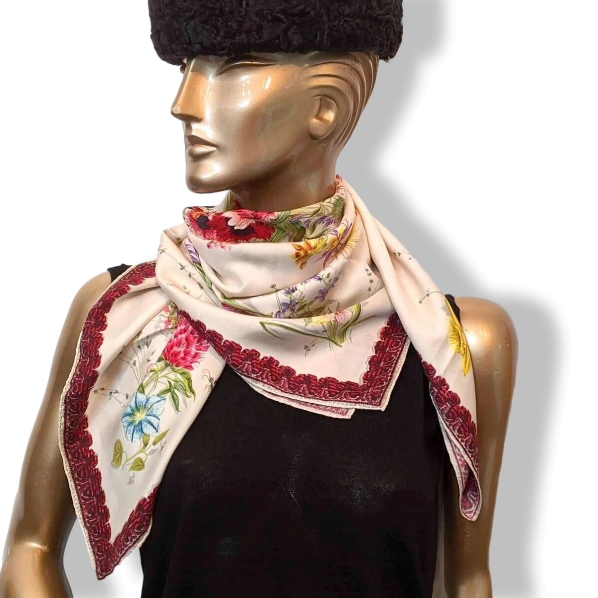 Hermes 1961 Bordeaux/ White/Multi FLEURS ET GALONS by MME LA TORRE Twill 90, Rare!