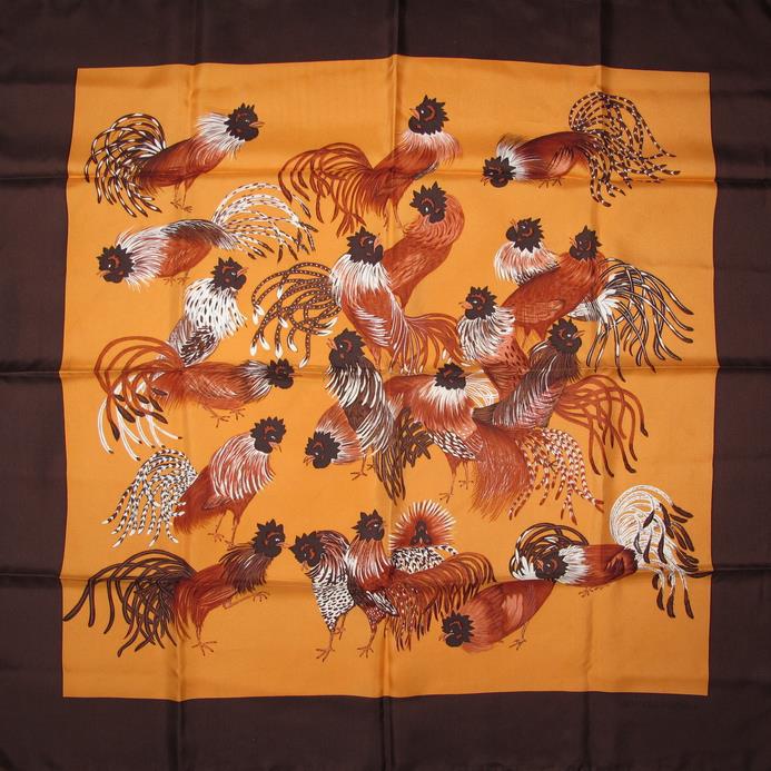 Hermes 1966 Chocolate Orange Jeunes Coqs Twill 90