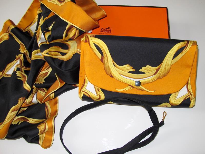 Hermes 1970s Print Silk Bag and Matching Scarf Etole by Henry D'Origny