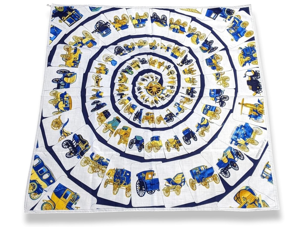 Hermes 1975 Navy/White Carrosserie by Philippe Ledoux Twill Cotton Carre Scarf, Mint!