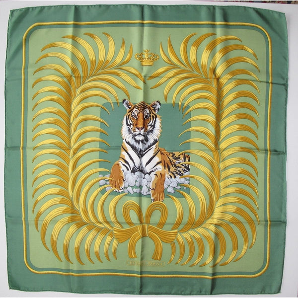 Hermes 1977 Green Tigre Royal by Christiane Vauzelles Blanc Matt Overlay Twill 90, Box! - poupishop