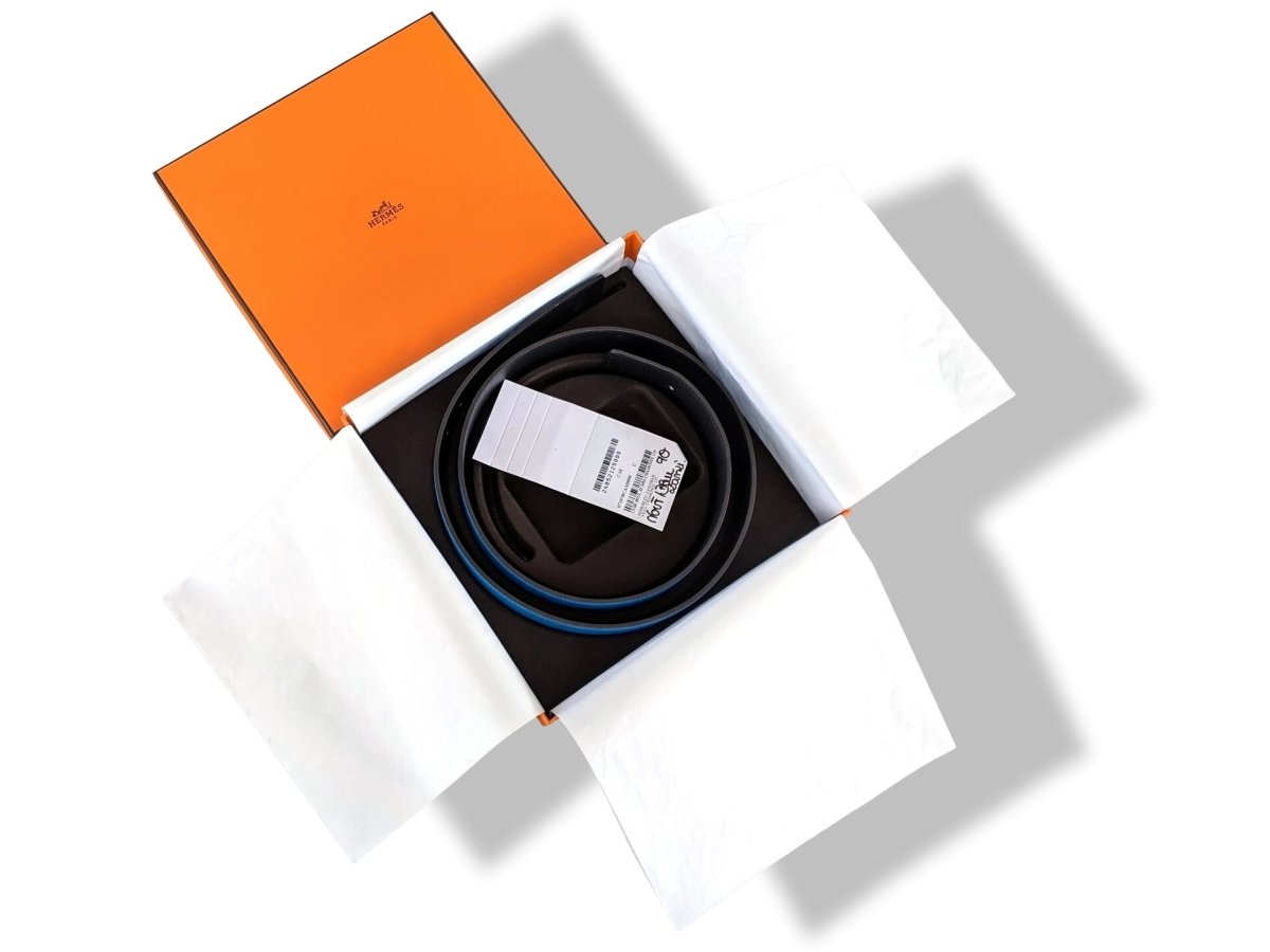 Hermes [198] Noir/Bleu Zanzibar Veau Chamonix & Epsom Belt Strap 42 MM, BNWTIB! - poupishop