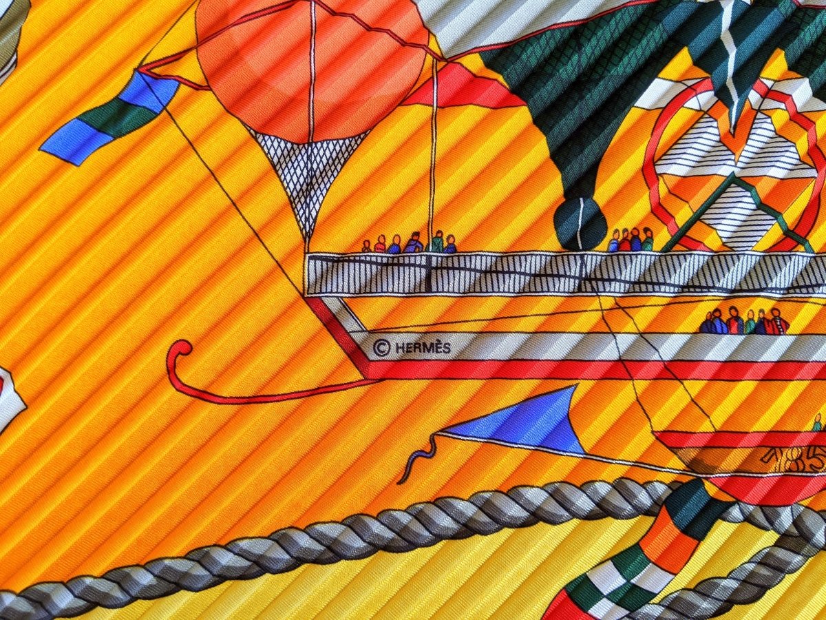 Hermes 1980-90s Orange/Jaune LES FOLIES DU CIEL by Loic Dubigeon Pleated Plisse Twill 90, Box!