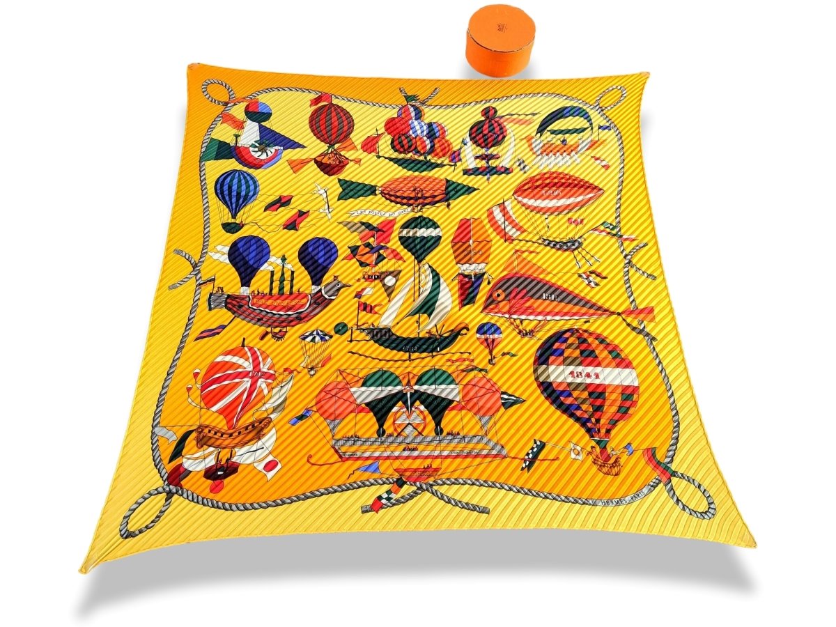 Hermes 1980-90s Orange/Jaune LES FOLIES DU CIEL by Loic Dubigeon Pleated Plisse Twill 90, Box!