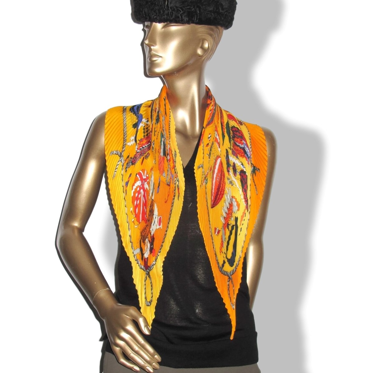Hermes 1980-90s Orange/Jaune LES FOLIES DU CIEL by Loic Dubigeon Pleated Plisse Twill 90, Box!