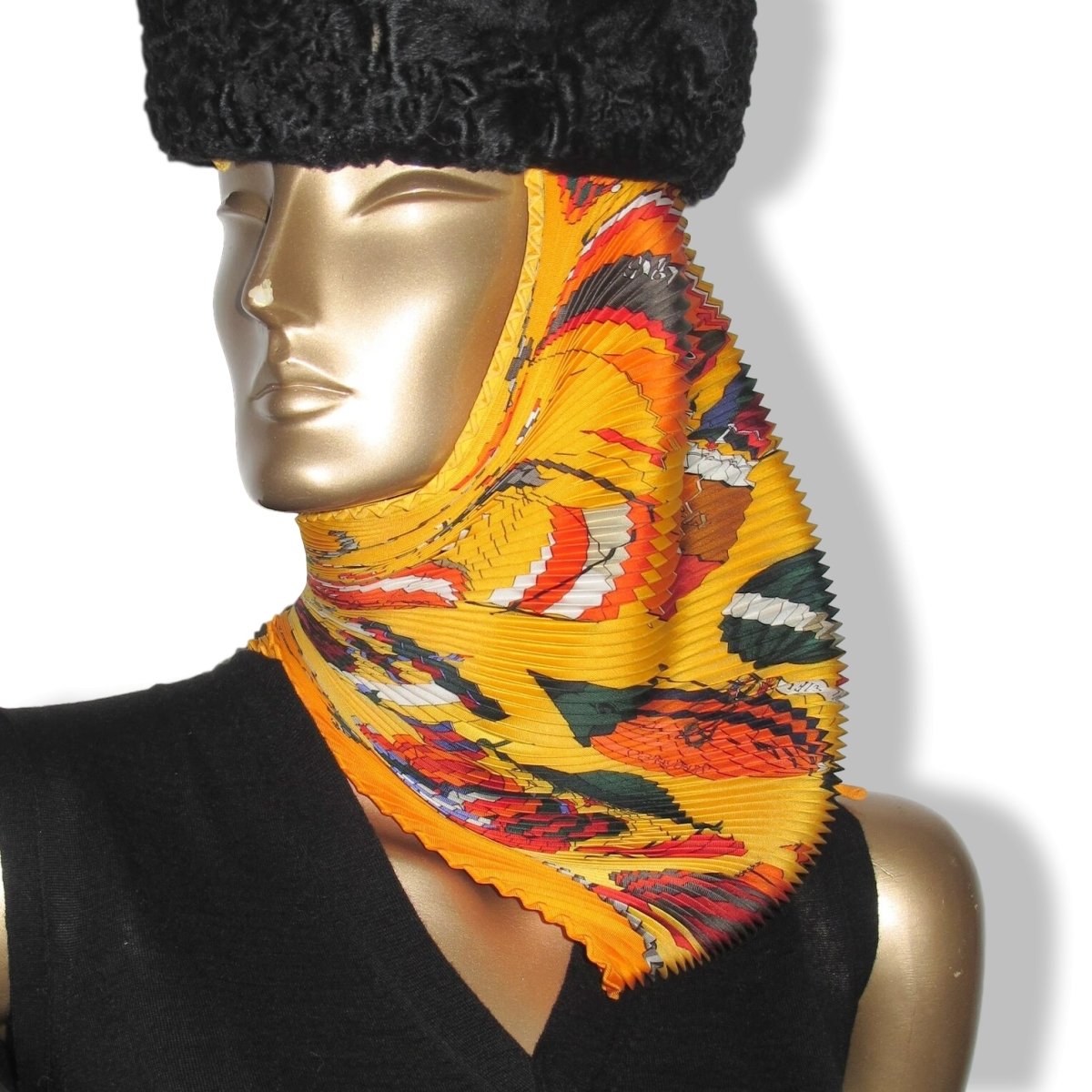 Hermes 1980-90s Orange/Jaune LES FOLIES DU CIEL by Loic Dubigeon Pleated Plisse Twill 90, Box!