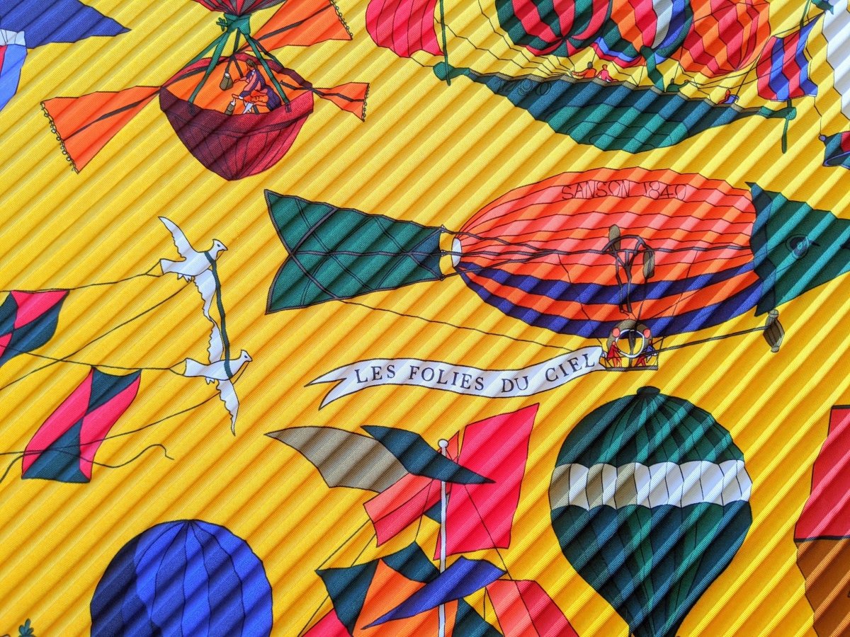 Hermes 1980-90s Orange/Jaune LES FOLIES DU CIEL by Loic Dubigeon Pleated Plisse Twill 90, Box!