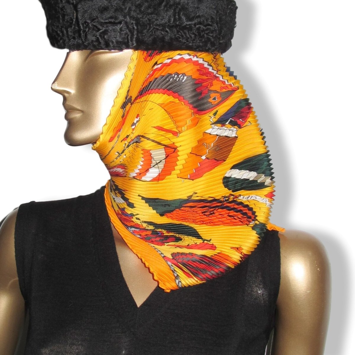 Hermes 1980-90s Orange/Jaune LES FOLIES DU CIEL by Loic Dubigeon Pleated Plisse Twill 90, Box!