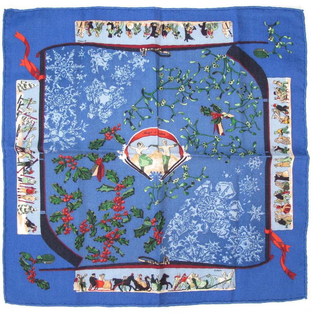 Hermes 1980s Blue Neige d'Antan Cashmere Gavroche 42cm Rare