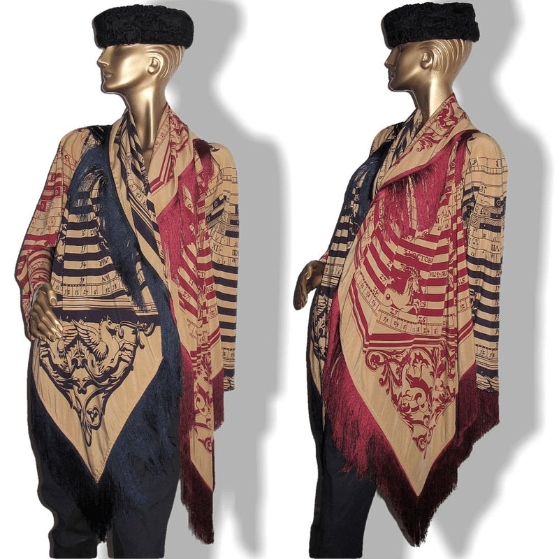 Hermes 1980s Caramel Navy Burgundy Astrologie Huge Fringed Silk Cape Ponchetole