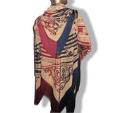 Hermes 1980s Caramel Navy Burgundy Astrologie Huge Fringed Silk Cape Ponchetole