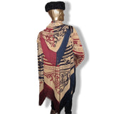 Hermes 1980s Caramel Navy Burgundy Astrologie Huge Fringed Silk Cape Ponchetole