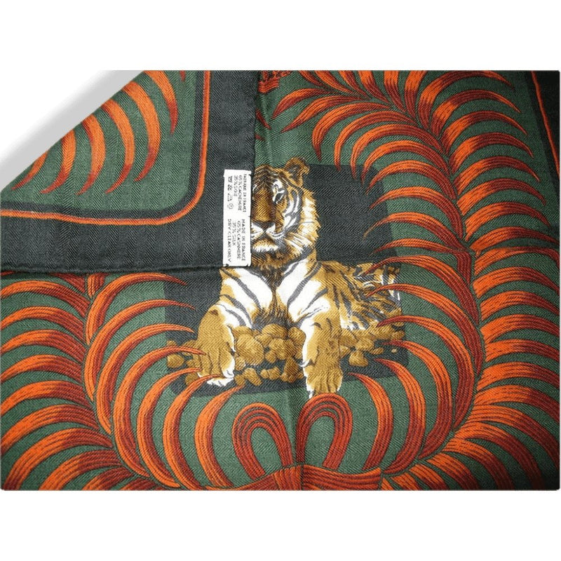 Hermes 1980s Blue Grey Gold Tigre Royal Cashmere Pocket Scarf Gavroche 42cm  Rare!