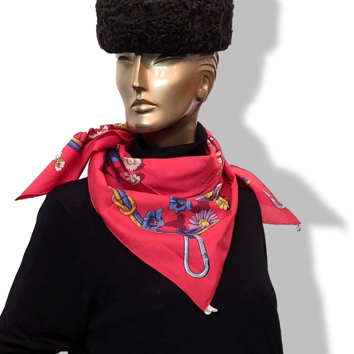 Hermes 1980s Red FLEURS DE MONTAGNE by Caty Latham with Blanc Matt Overprint Cotton Carre Scarf 90 cm, Lovely!