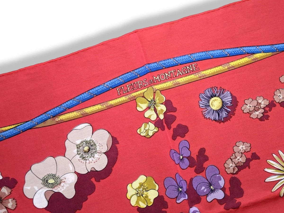 Hermes 1980s Red FLEURS DE MONTAGNE by Caty Latham with Blanc Matt Overprint Cotton Carre Scarf 90 cm, Lovely!