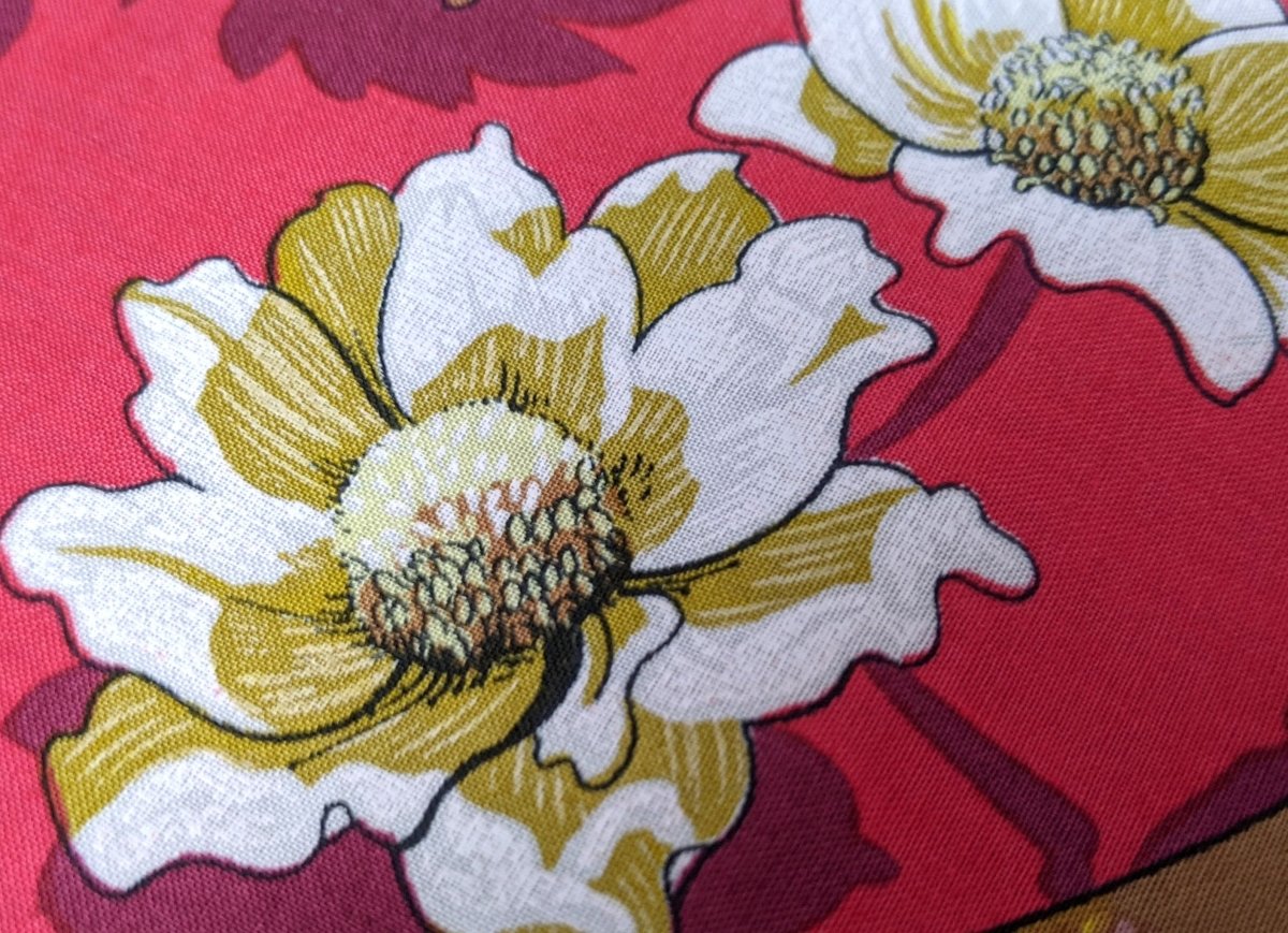 Hermes 1980s Red FLEURS DE MONTAGNE by Caty Latham with Blanc Matt Overprint Cotton Carre Scarf 90 cm, Lovely!