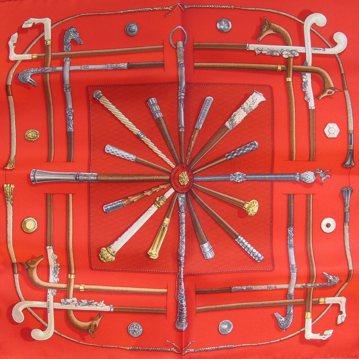 Hermes 1985 Red Cannes & Pommeaux Twill Gavroche 