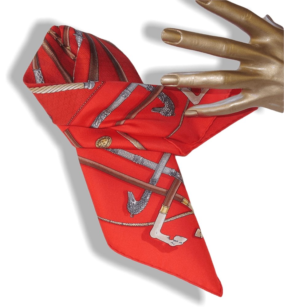 Hermes 1985 Red Cannes & Pommeaux Twill Gavroche