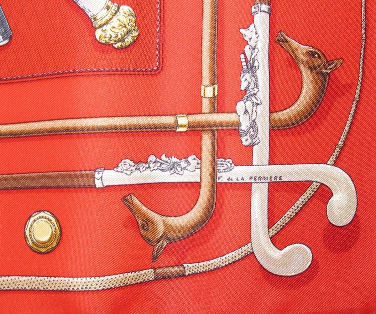 Hermes 1985 Red Cannes & Pommeaux Crispy Twill Blanc Matte Overlay Gavroche 42cm, NIB! - poupishop