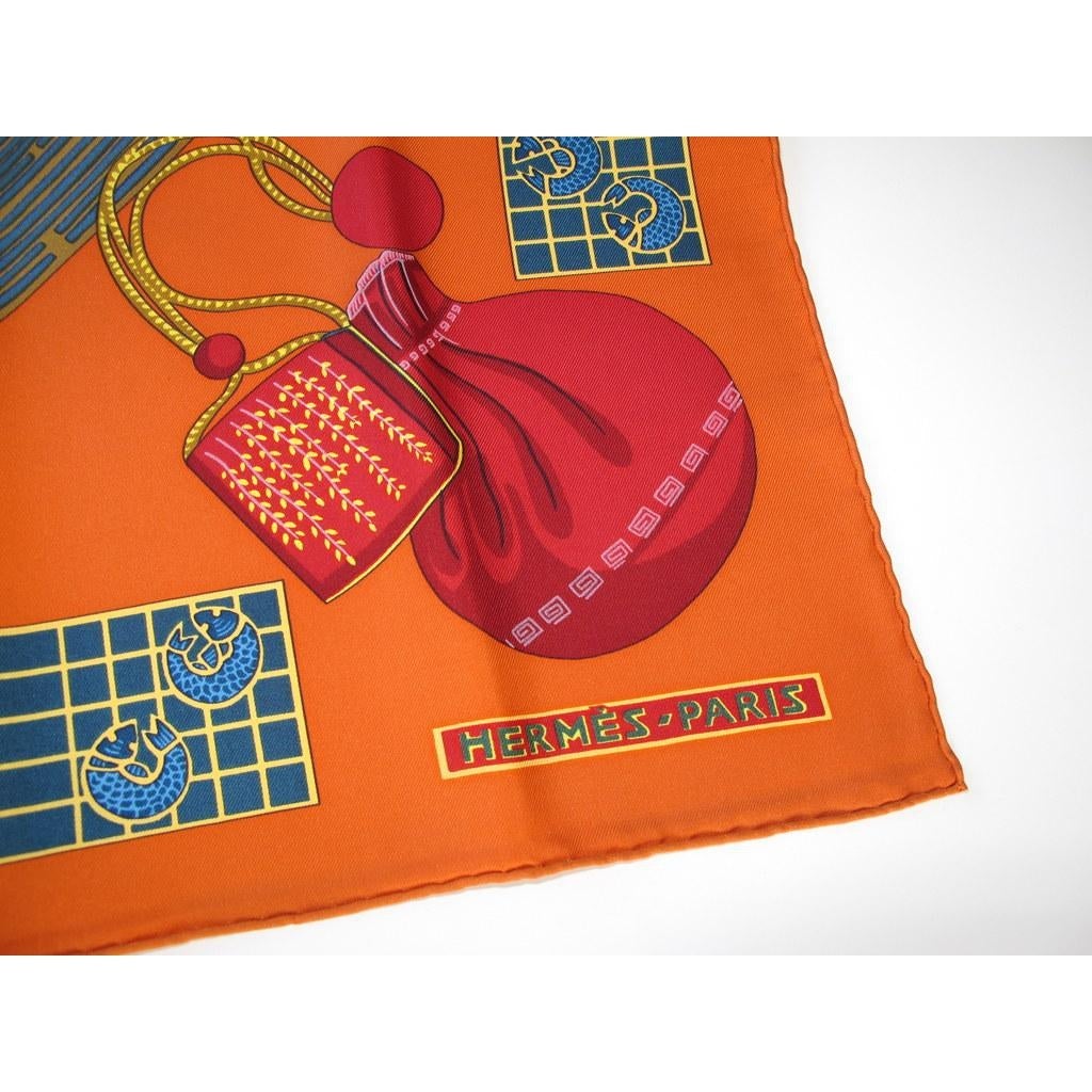 Hermes 1986 Deep Orange Kimonos et Inros by Annie Faivre Twill 90, NIB! - poupishop
