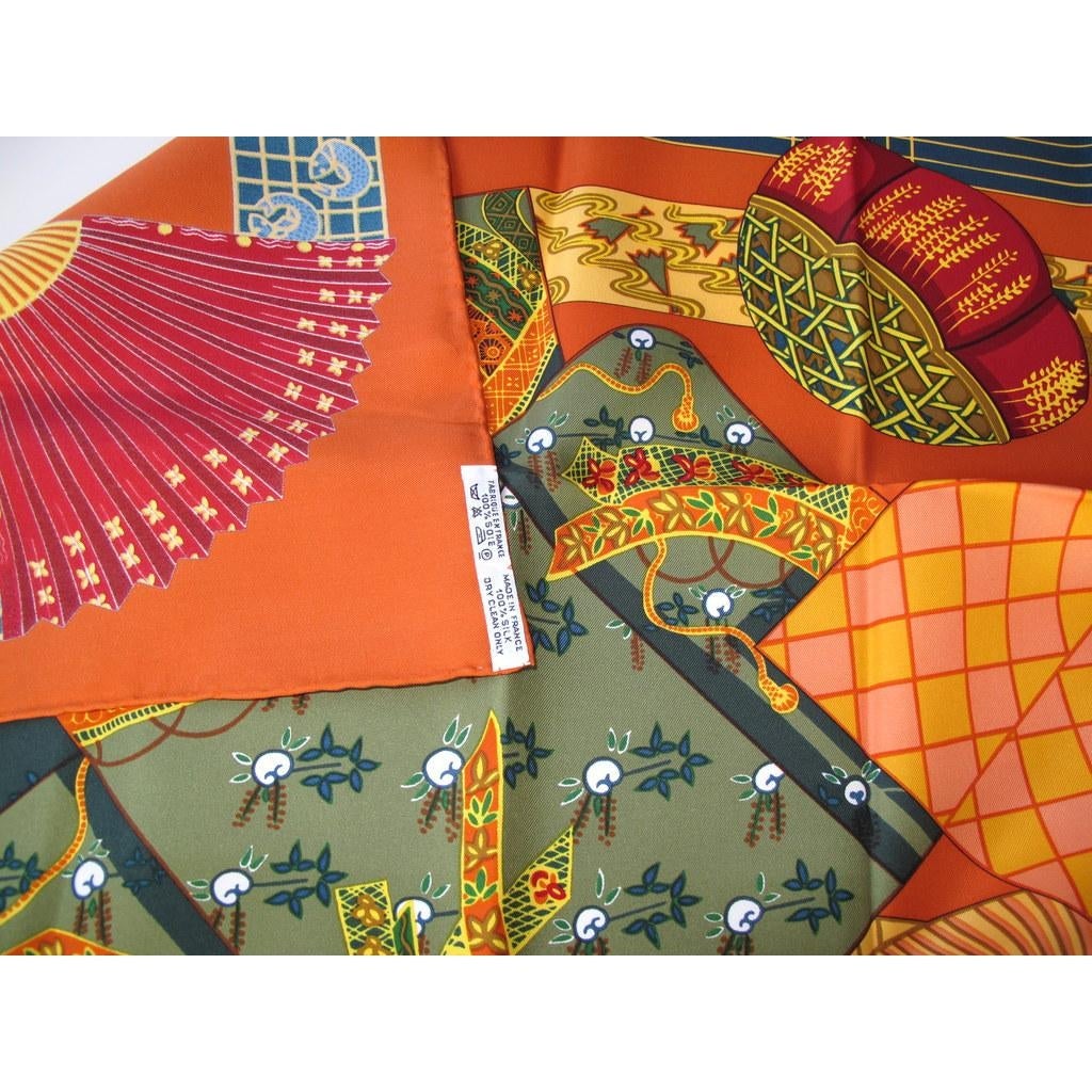 Hermes 1986 Deep Orange Kimonos et Inros by Annie Faivre Twill 90, NIB! - poupishop