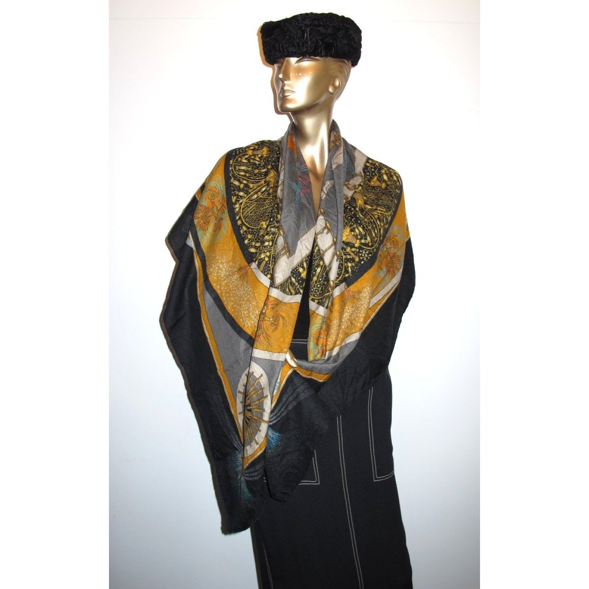Hermes 1987 Black/Grey Feux D'artifice First Issue Cashmere Shawl 140 - poupishop