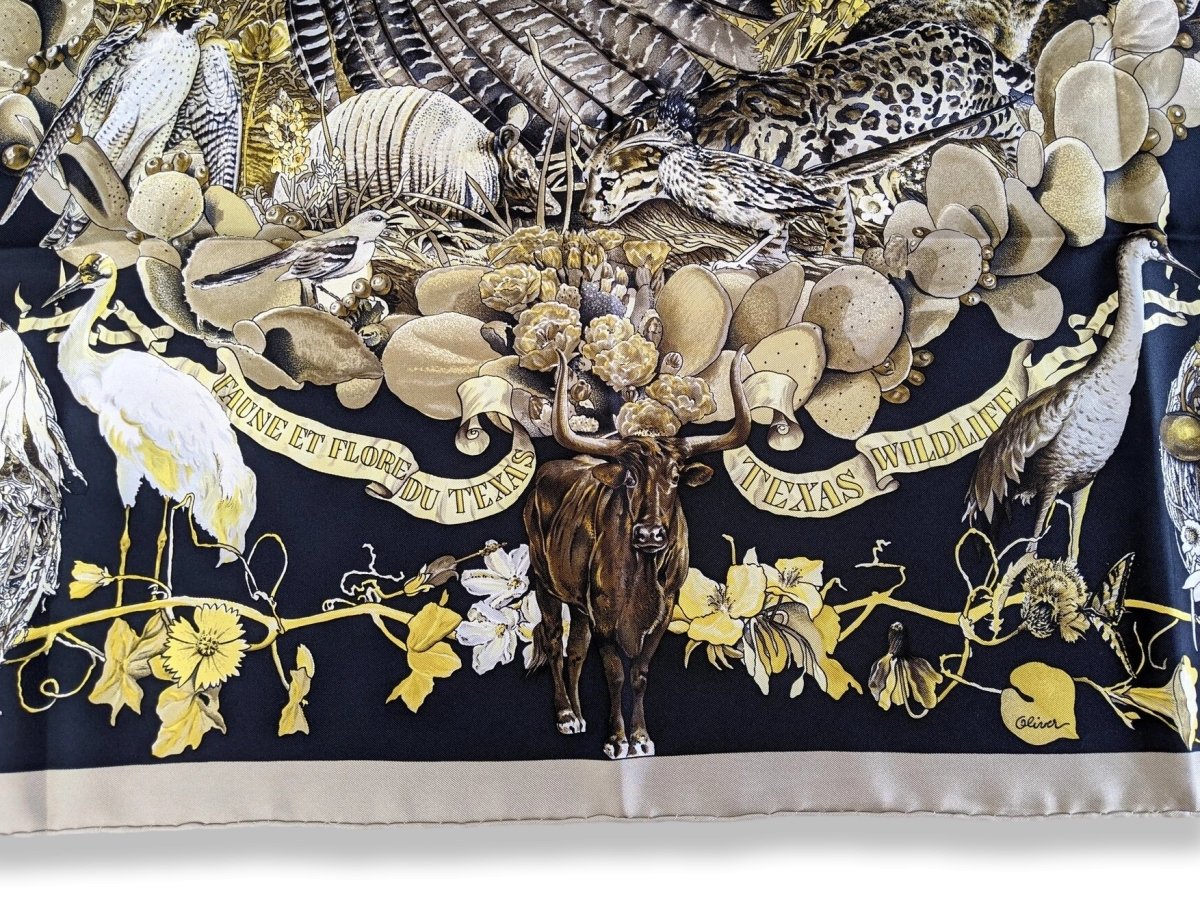 Hermes 1987 Noir/Beige/Gold FAUNE ET FLORE DU TEXAS Wildlife by Kermit Oliver Blanc Matt Twill 90