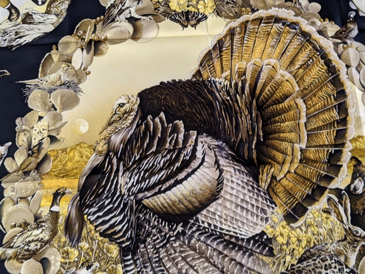 Hermes 1987 Noir/Beige/Gold FAUNE ET FLORE DU TEXAS Wildlife by Kermit Oliver Blanc Matt Twill 90