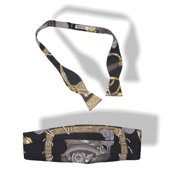 Hermes Grand Uniforme Tuxedo Set of Printed Silk Adjustable Large Belt & Bow Tie