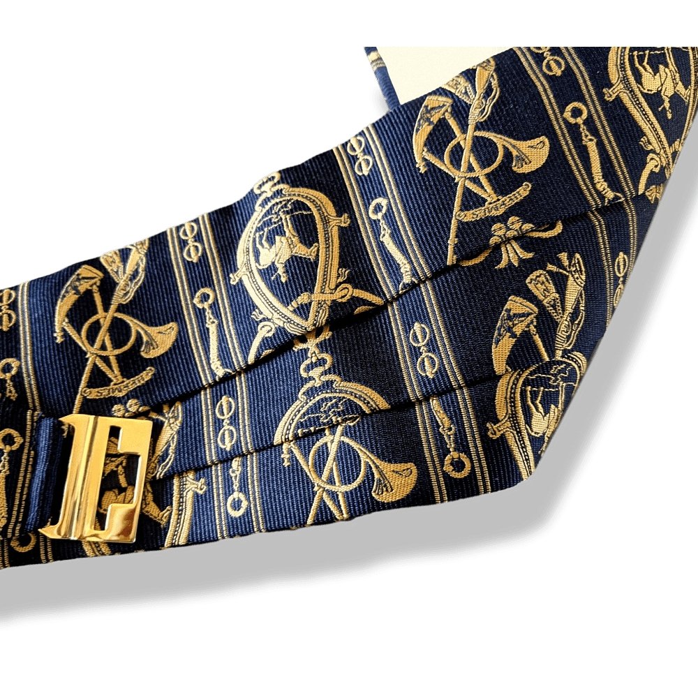 Hermes 1990s Black/Aged Gold HORN Tuxedo Striated Thick Printed Silk Adjustable Large Belt, BNEW!