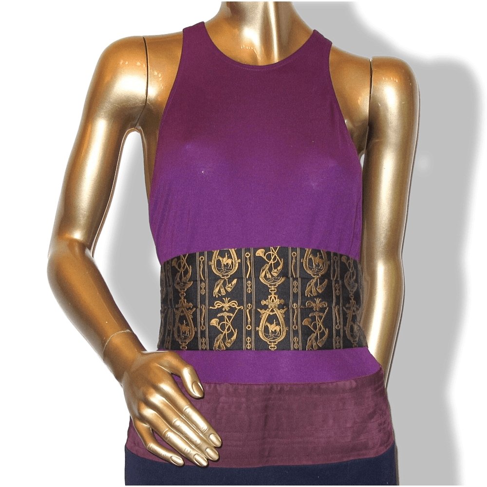 Hermes 1990s Black/Aged Gold HORN Tuxedo Striated Thick Printed Silk Adjustable Large Belt, BNEW!