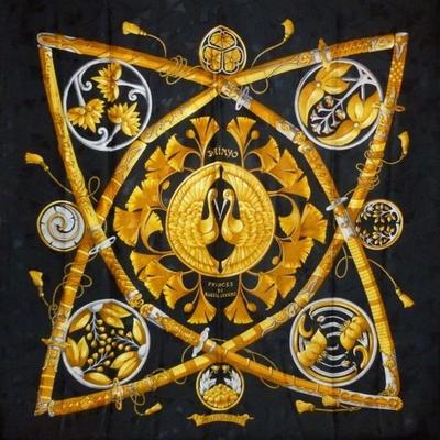 Hermes 1990cms Black/Gold Daimyo Princes du Soleil Levant Jacquard Silk Tie, NIB! - poupishop