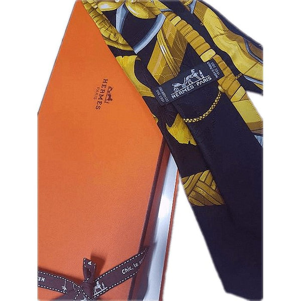 Hermes 1990s Black/Gold Daimyo Princes du Soleil Levant Jacquard Silk Tie