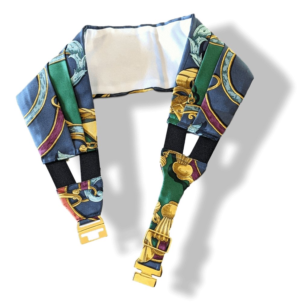 Hermes 1990s INSTRUCTIONS DU ROY Tuxedo Printed Silk Adjustable Large Belt, Sz 42, BNEW!