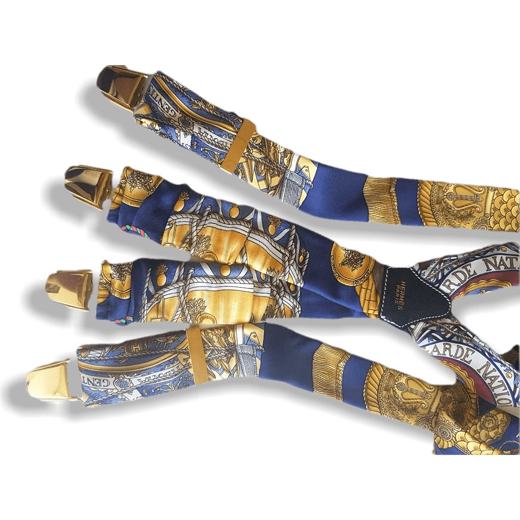 Hermes Dark Blue Les Tambours Printed Silk Braces