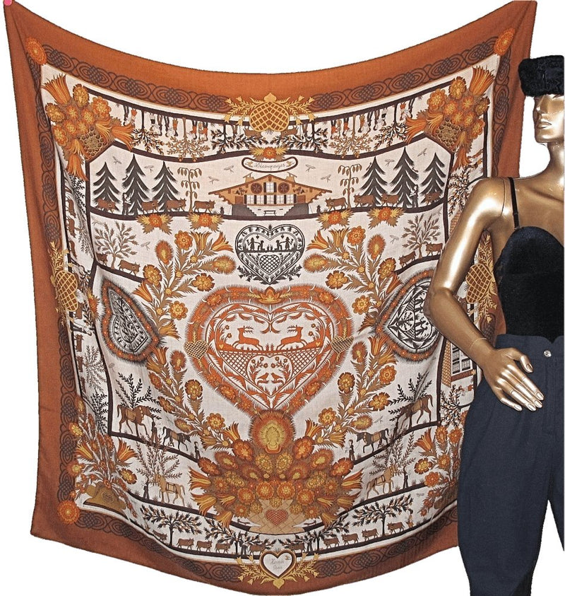 Hermes 1990s Noisette Natural Decoupage Cashmere Shawl 140