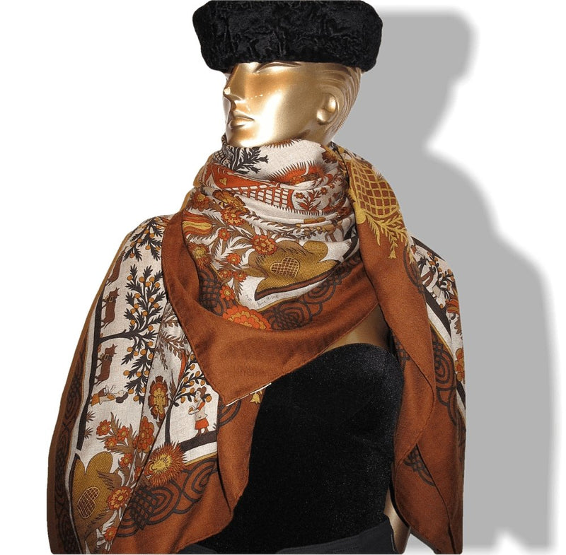 Hermes 1990s Noisette Natural Decoupage Cashmere Shawl 140