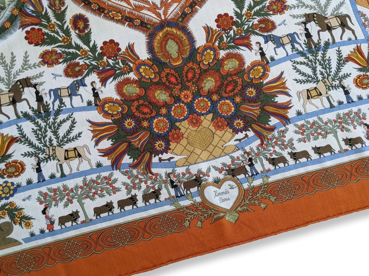 Hermes 1990s Orange/Blanc DECOUPAGE by Anne Rosat Cashmere 90, Researched!