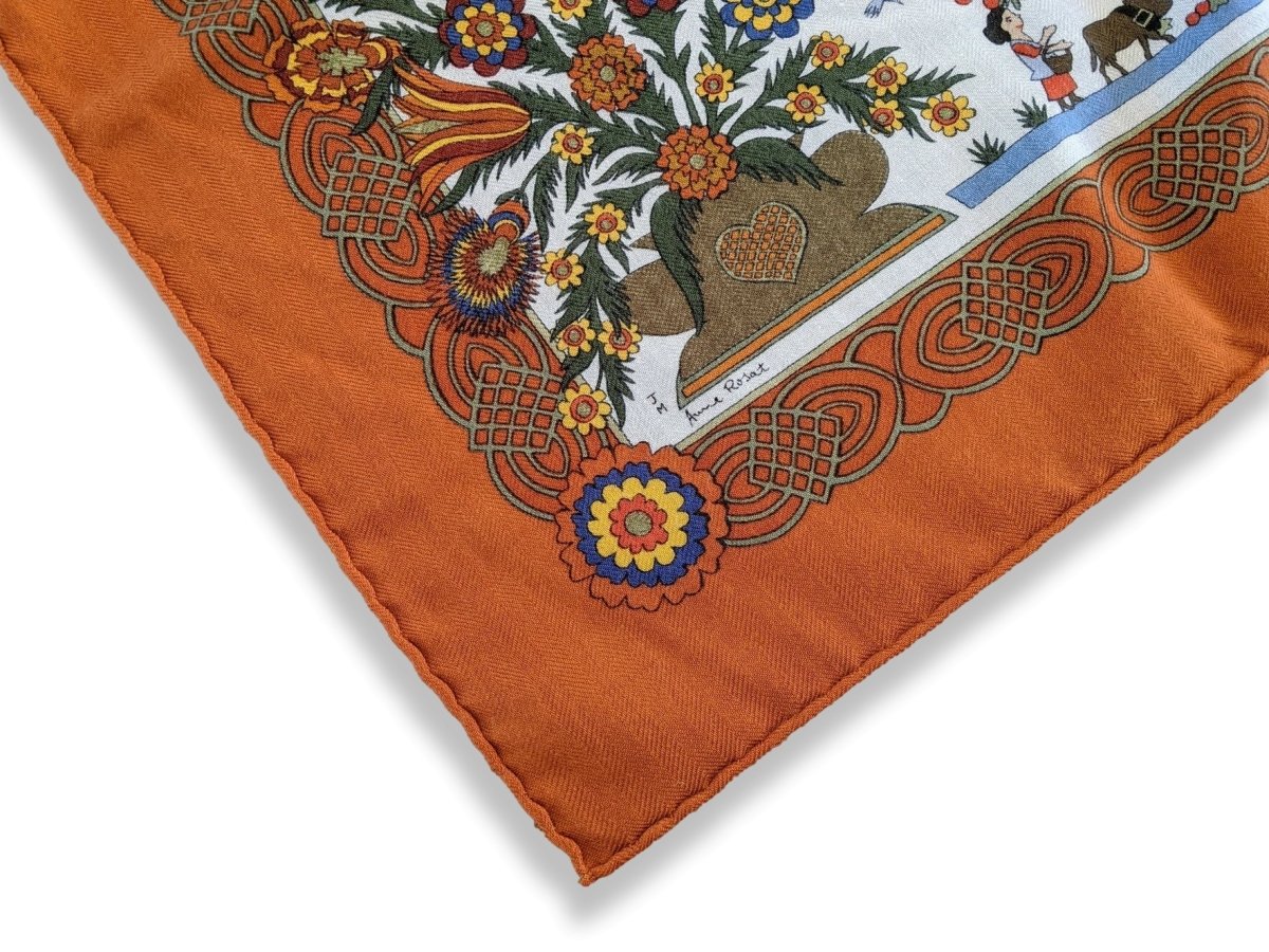 Hermes 1990s Orange/Blanc DECOUPAGE by Anne Rosat Cashmere 90, Researched!