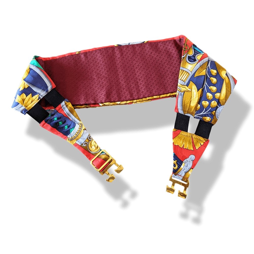 Hermes 1990s Red Gold DAIMYO PRINCES DU SOLEIL LEVANT Tuxedo Jacquard Printed Silk Adjustable Large Belt, BNEW!